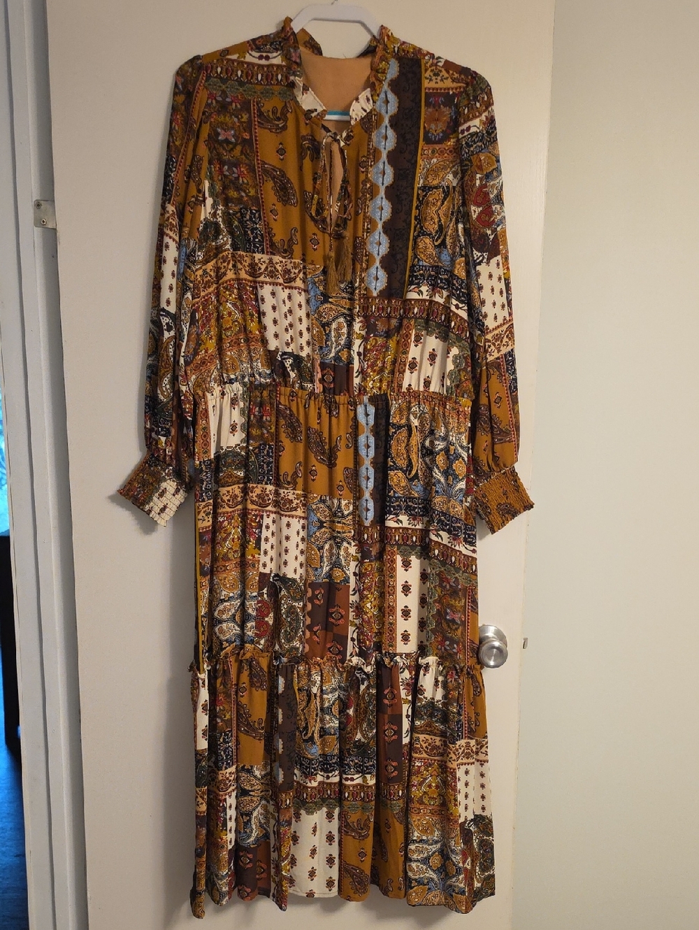 Tahari Mustard Patchwork Long Sleeve Midi Dress